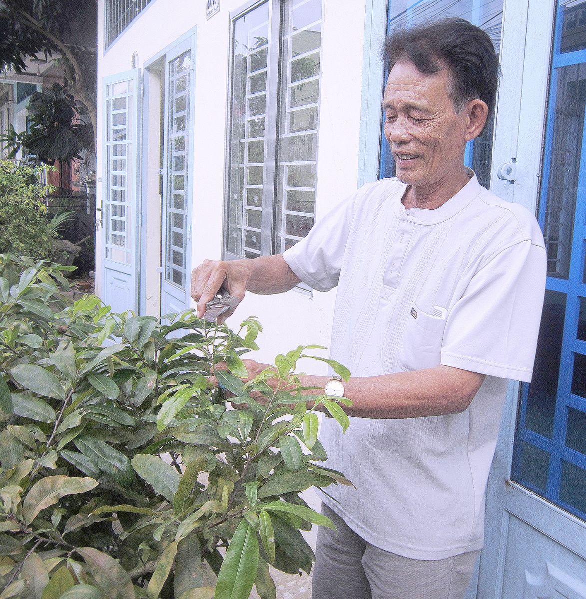 Ông Trần Văn Thắng chăm sóc cây kiểng khi rảnh rỗi. 