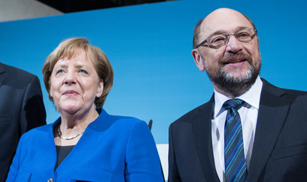 Thủ tướng Angela Merkel và lãnh đạo SPD Martin Schulz. Ảnh: Getty Images