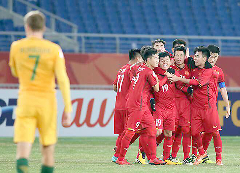 Các cầu thủ U23 Việt Nam mừng bàn thắng của Quang Hải vào lưới U23 Australia. Hình ảnh này sẽ tiếp tục trong trận gặp U23 Syria? Ảnh: AFC
