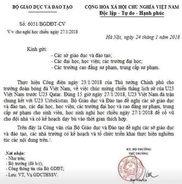 Công văn giả về việc Bộ GD&ĐT cho học sinh cả nước nghỉ học chiều 27/1 để xem Việt Nam đá chung kết giải U23 Châu Á. Ảnh Moet.gov.vn