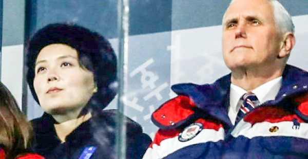 Em gái nhà lãnh đạo Triều Tiên Kim Jong-un, bà Kim Yo-jong và ông Mike Pence xem lễ khai mạc Olympic PyeongChang 2018. Ảnh: AFP