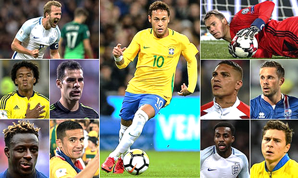 Đội hình 11 ngôi sao có thể lỡ World Cup 2018 vì chấn thương, trong đó siêu sao Neymar (giữa), Kane (phía trên bên trái) và Neuer (trên bên phải) là những đáng tiếc nhất. Ảnh: Guardian