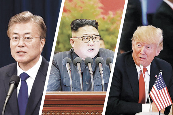 Từ trái sang: Tổng thống Hàn Quốc Moon Jae-in, lãnh đạo Triều Tiên Kim Jong-un và Tổng thống Mỹ Donald Trump. Ảnh: ABS-CBN News