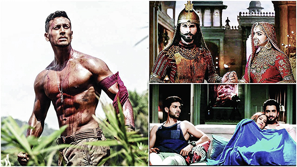 Bước chuyển mình
của Bollywood Baaghi 2 (trái), Padmaavat (phải, trên) và Sonu Ke Titu Ki Sweety - những phim Bollywood ăn khách đầu năm 2018.