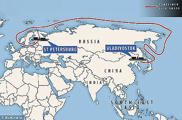 Sơ đồ cho thấy hải trình mà tàu của A.P. Moller-Maersk sẽ đi trên tuyến vận tải mới tại Bắc Cực.