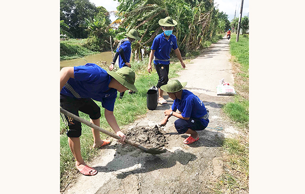 Sinh viên Trường Đại học Cần Thơ tham gia sửa đường giao thông xã Thạnh Phú, huyện Cờ Đỏ. Ảnh: ĐỖ VĂN