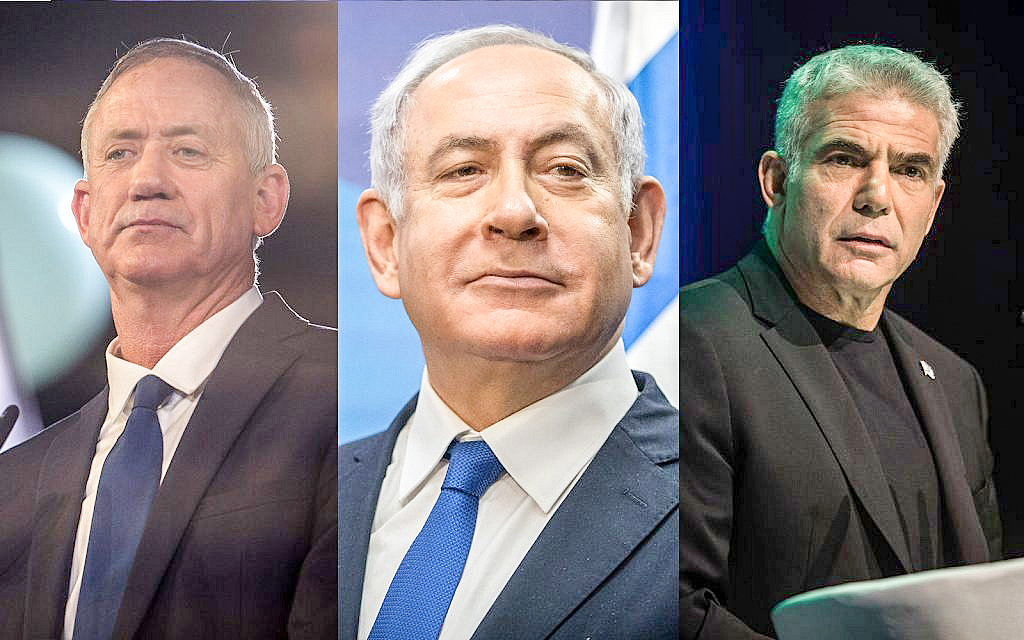   Từ trái sang: ông Gantz, Thủ tướng Netanyahu và ông Lapid. Ảnh: Times of Israel