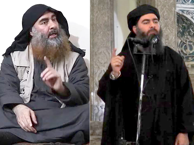 Thủ lĩnh IS al-Baghdadi xuất hiện hôm 29-4 và năm 2014. Ảnh: AFP