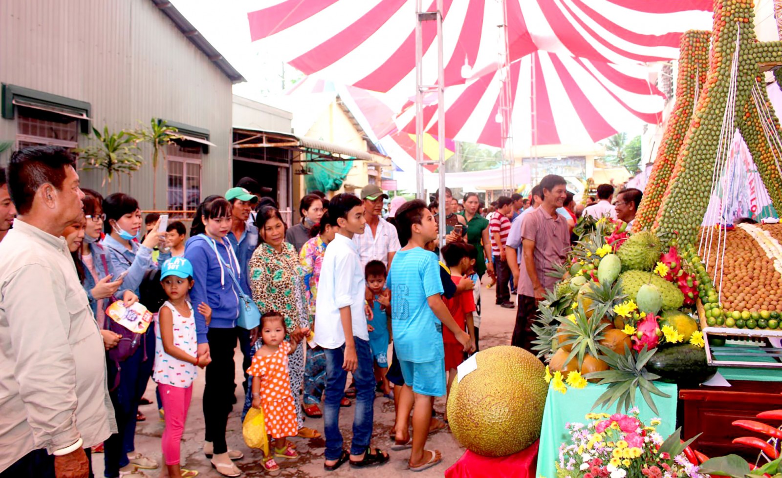 Khách tham quan thích thú trước những mâm trái cây được trang trí, tạo hình nghệ thuật đặc sắc và củ quả lạ tại lễ hội hằng năm. Ảnh: LỆ THU