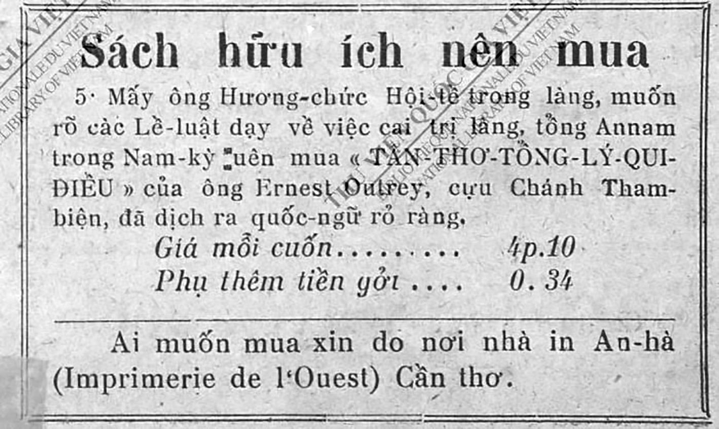 Một mẩu tin quảng cáo về sách bán tại “Imprimerie de l’Ouest” đăng trên báo Phụ Nữ Tân Văn. Ảnh tư liệu