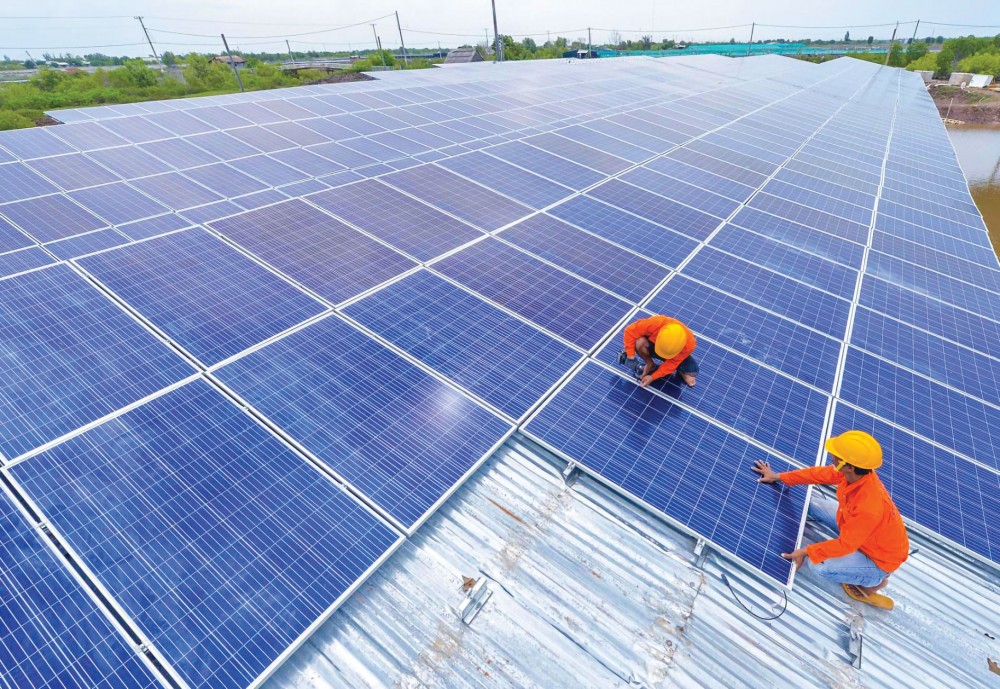 Lắp pin mặt trời của Công ty Solan Việt Nam trên ao tôm tại Bạc Liêu. Ảnh: Văn Thành