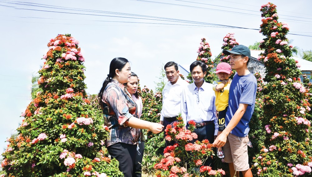 Bà Bùi Thị Hiền (bìa trái), Chủ tịch HĐND tỉnh Kiên Giang và cán bộ Hội Nông dân huyện An Minh tham quan vườn bông trang bonsai của gia đình ông Trần Chí Công.