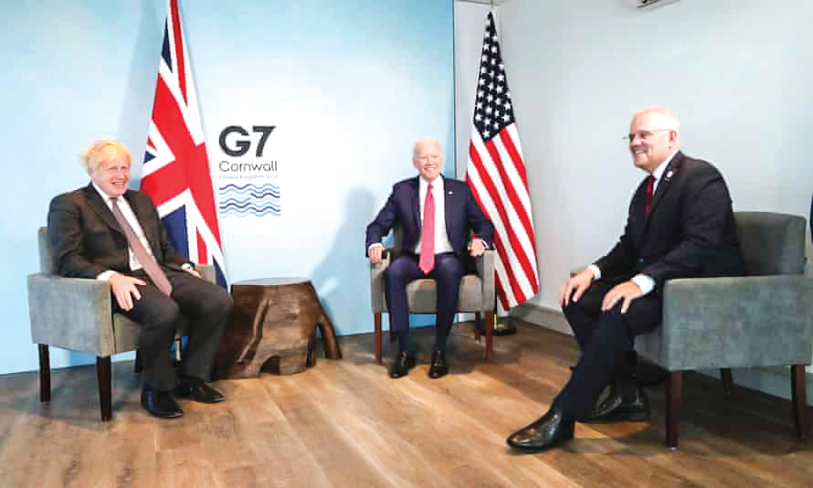 Dân Úc không tin Trung Quốc! Từ tráng sang: Thủ tướng Anh Johnson, Tổng thống Mỹ Joe Biden và lãnh đạo Úc Morrison. Ảnh: Getty Images