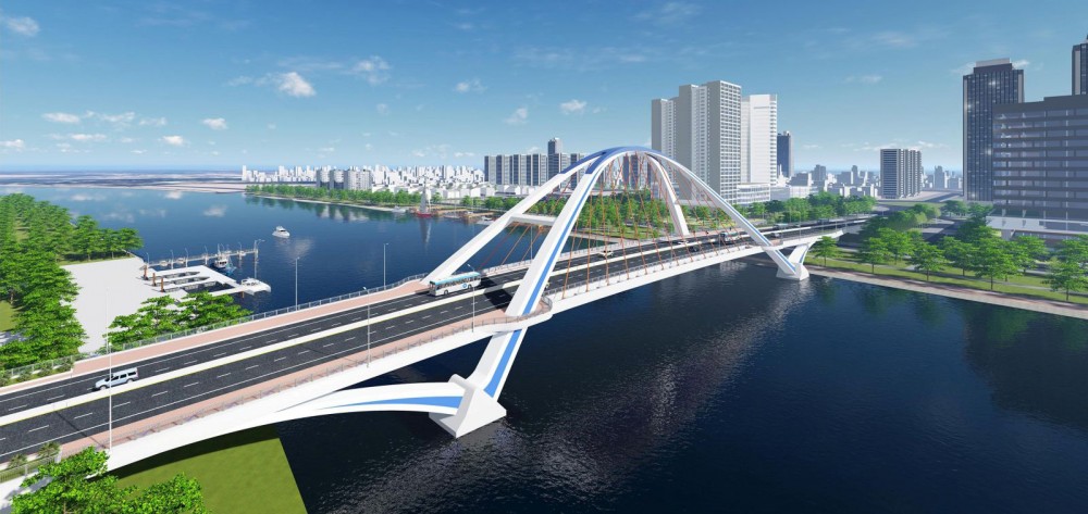 Cầu Trần Hoàng Na là công trình lớn nhất thuộc Dự án 3, bắc qua sông Cần Thơ dài 586,9m, nối quận Ninh Kiều với quận Cái Răng. Công trình khi hoàn thành sẽ kết nối giao thông đô thị giữa quốc lộ 1A với các đường trung tâm, giảm tải lưu lượng xe và ùn tắc giao thông cho các tuyến đường chính thành phố. Đây cũng là mạch nối, đòn bẩy thúc đẩy phát triển kinh tế, thu hút ngày càng nhiều nhà đầu tư đến với TP Cần Thơ. Công trình có kiến trúc đẹp, tạo điểm nhấn cho đô thị Cần Thơ. Trong ảnh: Phối cảnh cầu Trần Hoàng Na.