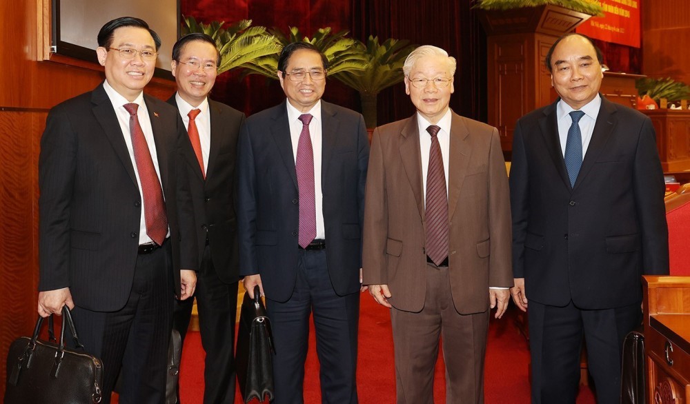 Tổng Bí thư Nguyễn Phú Trọng cùng Chủ tịch nước Nguyễn Xuân Phúc,Thủ tướng Chính phủ Phạm Minh Chính, Chủ tịch Quốc hội Vương Đình Huệ, Thường trực Ban Bí thư Võ Văn Thưởng chủ trì hội nghị. Ảnh: TRÍ DŨNG - TTXVN