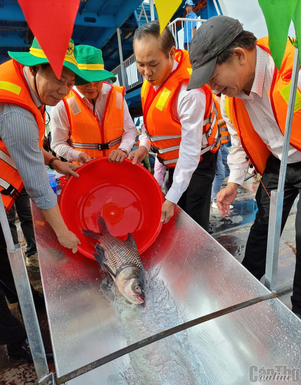 Thứ trưởng Bộ NN&PTNT Phùng Đức Tiến cùng các đại biểu tham gia thả cá, tái tạo nguồn lợi thủy sản.