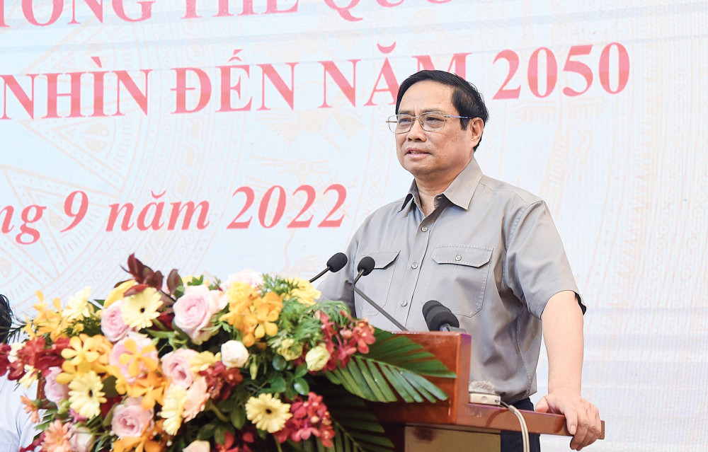 Thủ tướng Phạm Minh Chính phát biểu tại Hội nghị Thẩm định Quy hoạch tổng thể quốc gia thời kỳ 2021-2030 tầm nhìn đến năm 2050. Ảnh: DƯƠNG GIANG-TTXVN