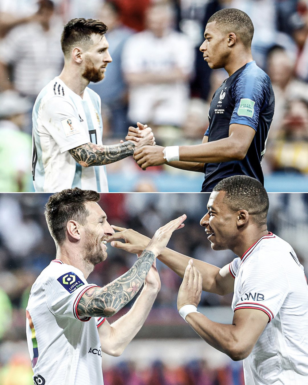 Messi (trái) và Mbappe trong màu áo PSG (ảnh dưới) và tuyển quốc gia (ảnh trên). Ảnh: ESPN
