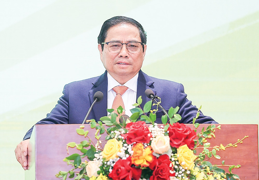 Đảm bảo an ninh tiền tệ, tài chính quốc gia, an toàn hệ thống ngân hàng Thủ tướng Phạm Minh Chính phát biểu chỉ đạo. Ảnh: DƯƠNG GIANG - TTXVN