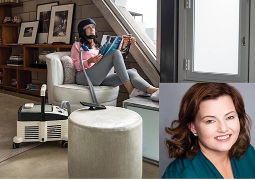 Bà Kate Dilligan (góc phải) và hệ thống Cooler Heads Amma cho phép bệnh nhân sử dụng ở nhà trước hoặc sau khi truyền hóa chất.