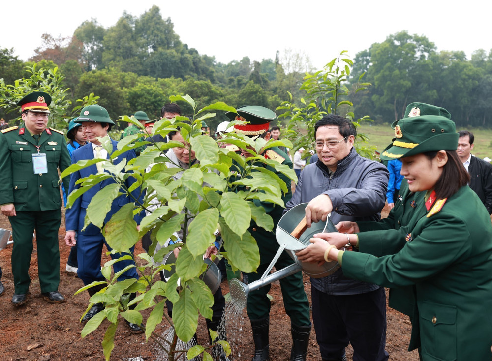 Thủ tướng Phạm Minh Chính trồng cây tại Lễ phát động “Tết trồng cây đời đời nhớ ơn Bác Hồ”. Ảnh: DƯƠNG GIANG-TTXVN