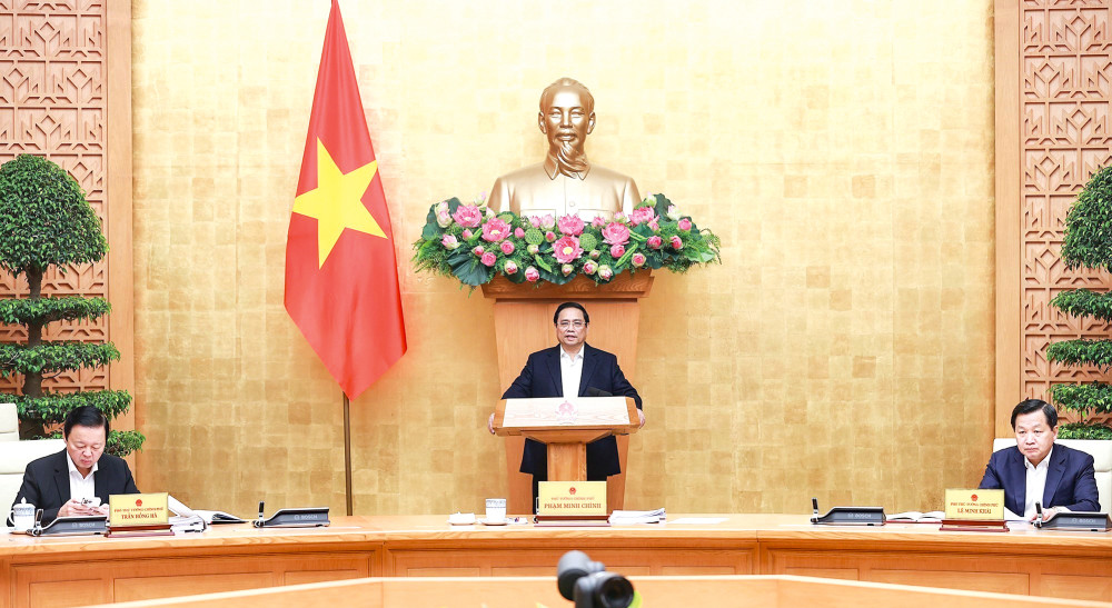 Pháp luật phải tháo gỡ được các điểm nghẽn phục vụ cho phát triển Thủ tướng Phạm Minh Chính chủ trì Phiên họp Chính phủ chuyên đề về xây dựng pháp luật tháng 3-2023. Ảnh: Dương Giang - TTXVN