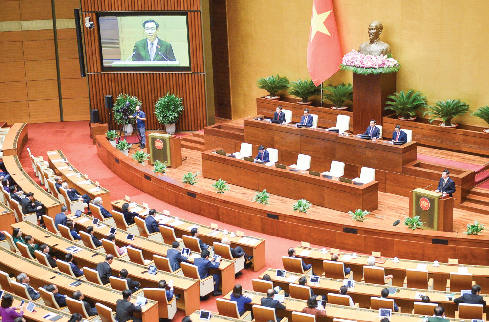 Bế mạc Kỳ họp thứ 5, Quốc hội khóa XV Chủ tịch Quốc hội Vương Đình Huệ phát biểu bế mạc Kỳ họp. Ảnh: quochoi.vn