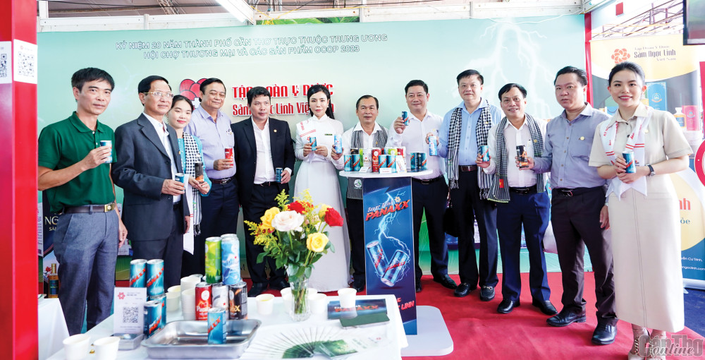 Lãnh đạo thành phố cùng các đại biểu tham quan gian hàng của Tập đoàn Y Dược Sâm Ngọc Linh Việt Nam tại hội chợ.