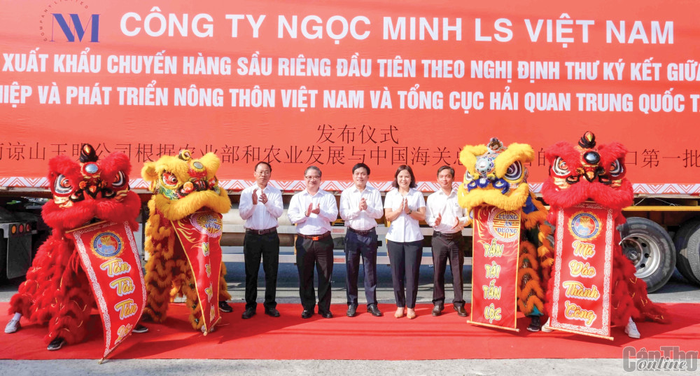 Việt Nam - Đối tác ngày càng quan trọng của cộng đồng quốc tế Cần Thơ tổ chức lễ xuất khẩu chuyến hàng sầu riêng đầu tiên theo Nghị định thư ký kết giữa Bộ Nông nghiệp và Phát triển nông thôn Việt Nam với Tổng cục Hải quan Trung Quốc. Ảnh: MINH HUYỀN