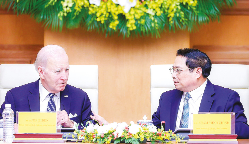 Thủ tướng Phạm Minh Chính và Tổng thống Joe Biden tại Hội nghị cấp cao Việt Nam - Hoa Kỳ về Đầu tư và Đổi mới sáng tạo. Ảnh: Dương Giang (TTXVN)