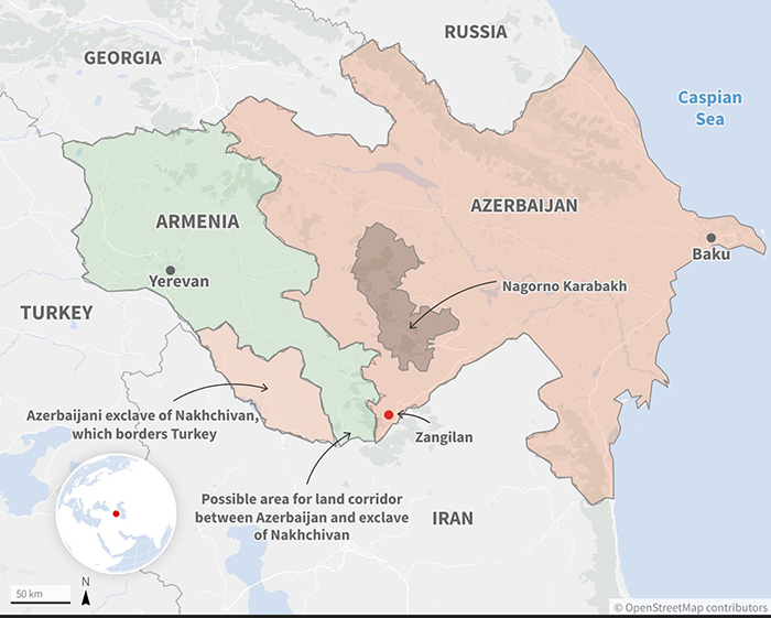 Bản đồ thể hiện 2 vùng lãnh thổ Nagorno - Karabakh và Nakhchivan của Azerbaijan. Ảnh: Reuters