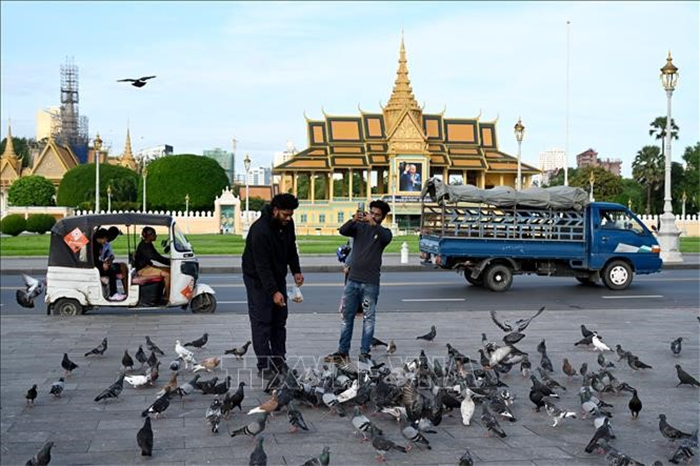 Khách du lịch cho bồ câu ăn tại Phnom Penh, Campuchia, ngày 10-10. Ảnh: AFP/TTXVN