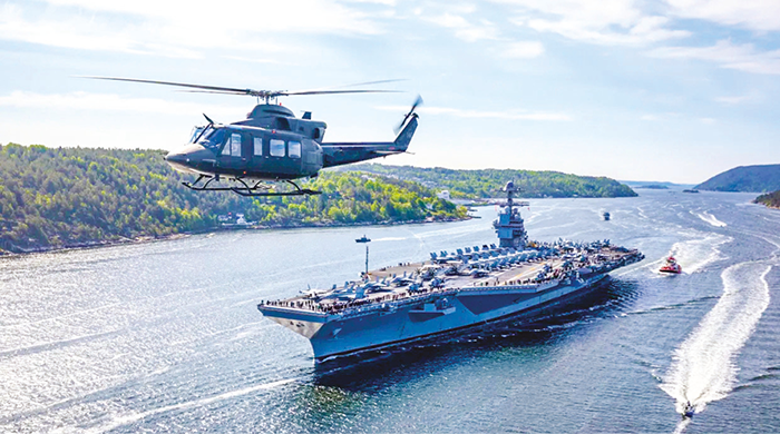 Mỹ điều động tàu sân bay răn đe Iran Tàu sân bay USS Gerald R. Ford trong một cuộc tập trận hồi tháng 5. Ảnh: Norwegian Armed Forces