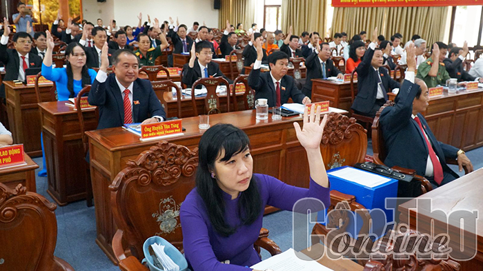 Đại biểu HĐND thành phố biểu quyết thông qua các nghị quyết của kỳ họp.