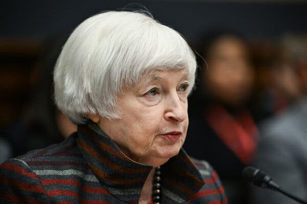 A close-up shot of Janet Yellen during a hearing. 