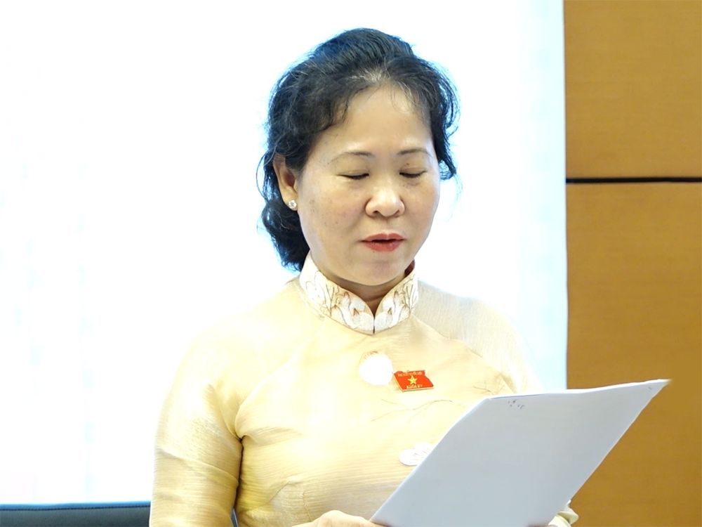 Đại biểu Tô Ái Vang và đại biểu Đào Chí Nghĩa đóng góp ý kiến đối với dự án Luật Dự trữ quốc gia (sửa đổi)