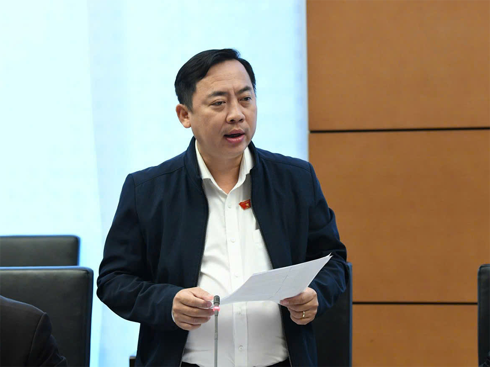 Đại biểu Tô Ái Vang và đại biểu Đào Chí Nghĩa đóng góp ý kiến đối với dự án Luật Dự trữ quốc gia (sửa đổi)