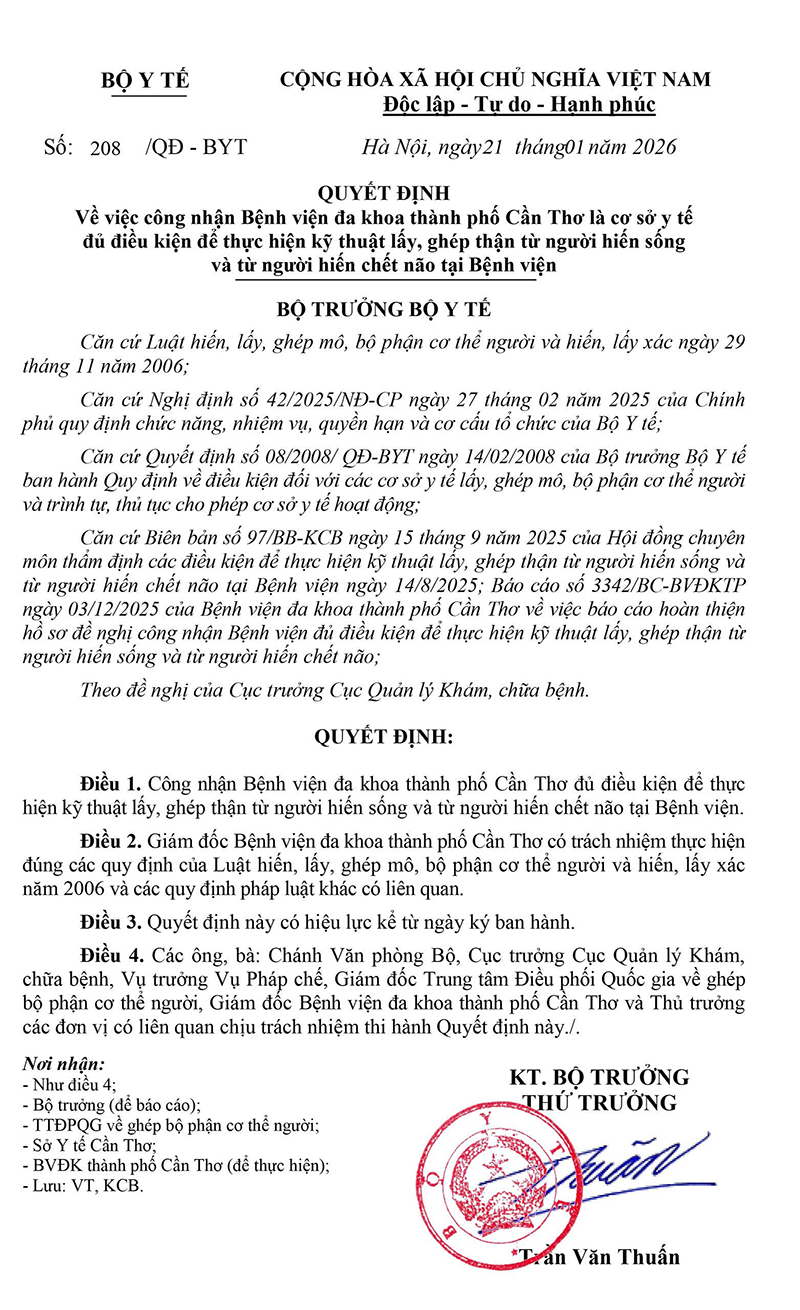Bộ Y tế công nhận Bệnh viện Đa khoa TP Cần Thơ đủ điều kiện ghép thận
