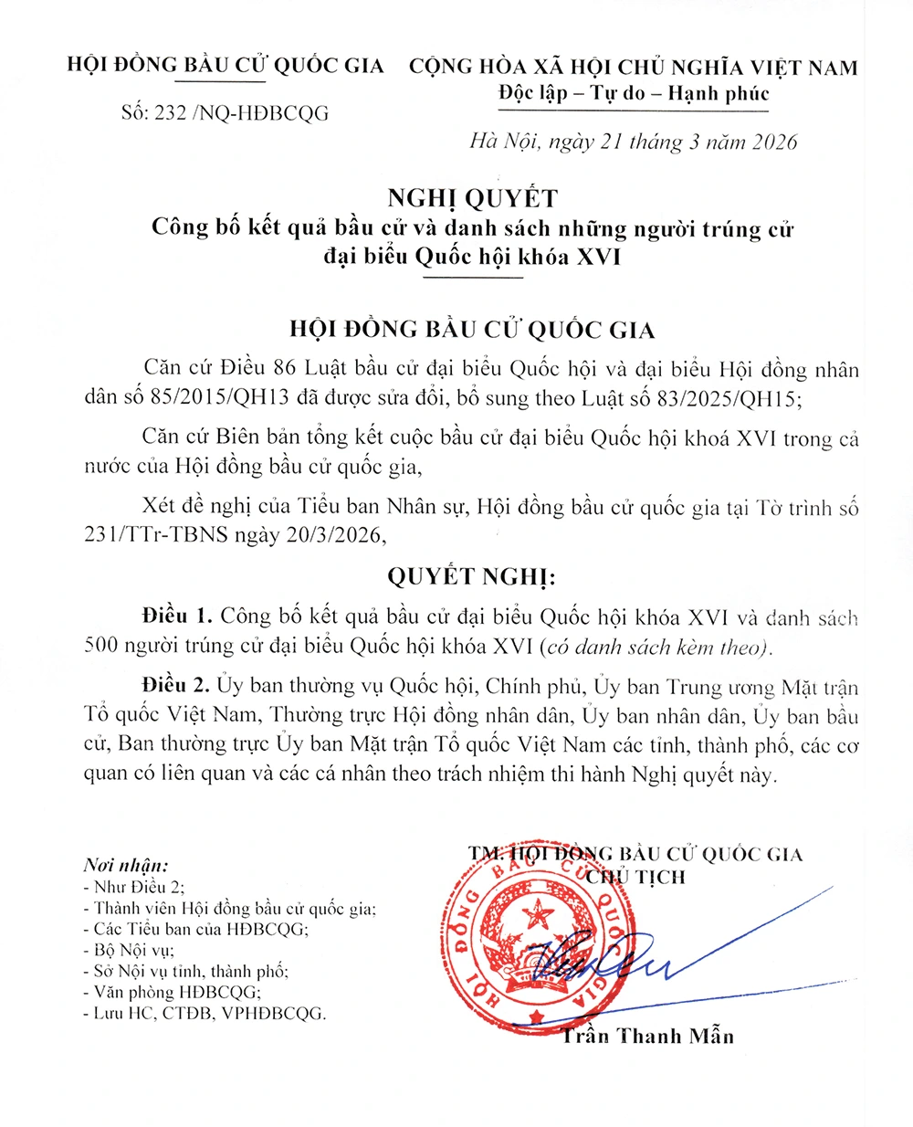 Công bố kết quả bầu cử và danh sách người trúng cử đại biểu Quốc hội khóa XVI