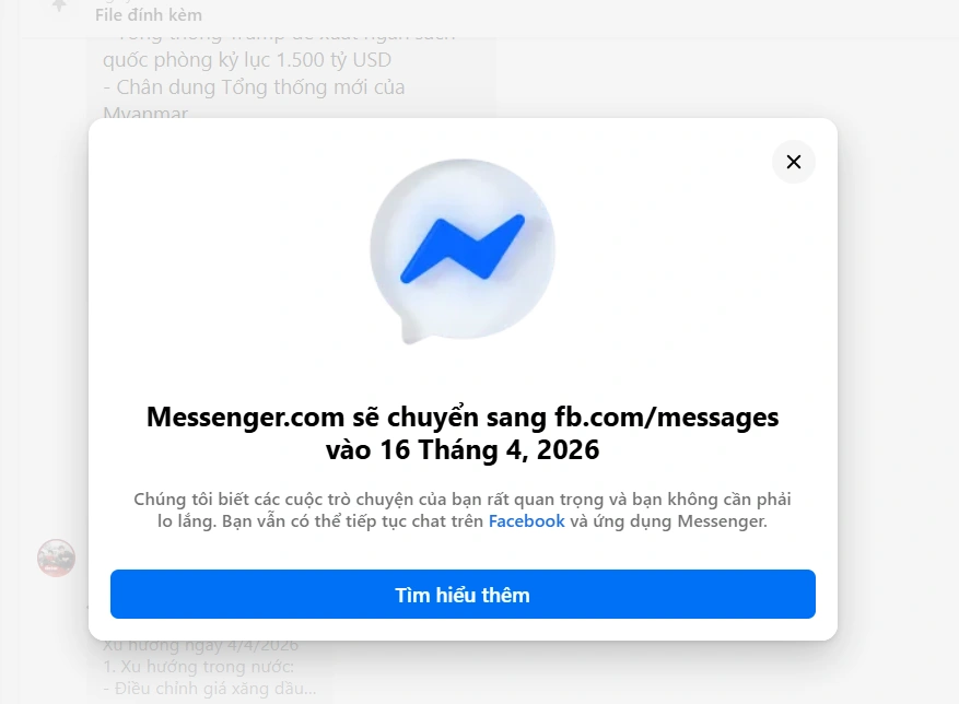Có bị mất tin nhắn khi trang web Messenger ngừng hoạt động từ ngày 16/4?