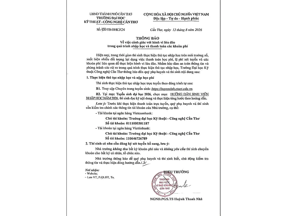 Trường Đại học Kỹ thuật - Công nghệ Cần Thơ thông báo cảnh giác lừa đảo khi nhập học, thanh toán phí