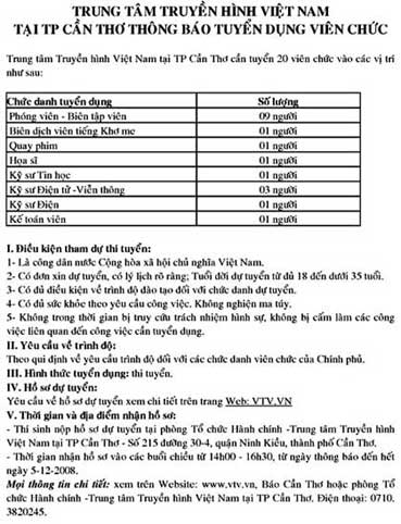 Trung tâm Truyền hình Việt Nam tại TP Cần Thơ tuyển dụng viên chức
