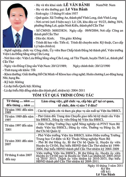 Tiểu sử tóm tắt những người ứng cử Đại biểu HĐND TP Cần Thơ khóa VIII, nhiệm kỳ 2011-2016 ở đơn vị bầu cử số 10