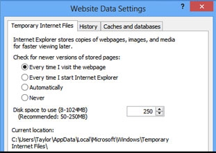 Xem và thay đổi thiết lập mặc định 
bộ nhớ đệm trong IE 10