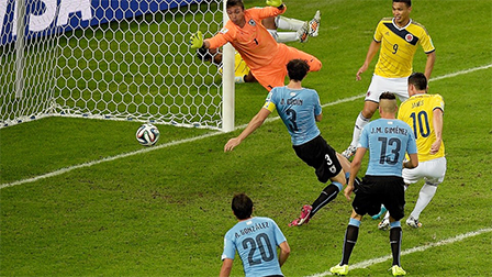 <img hspace=5 src="/img_post/3751/logowc.jpg" align=left border=0>Thắng Uruguay 2-0 <br>
Colombia thách thức chủ nhà Brazil ở tứ kết<br>
