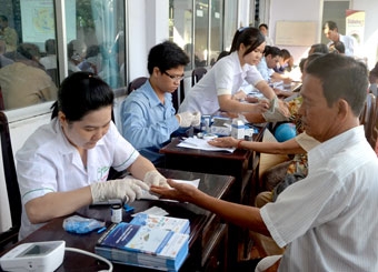 350 người được đo huyết áp,
thử đường huyết miễn phí