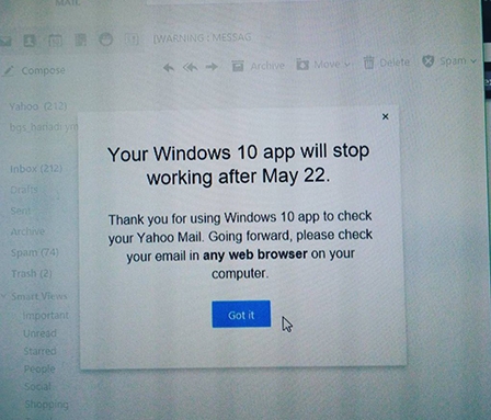Ứng dụng Yahoo Mail App trên Windows 10 ngừng hoạt động