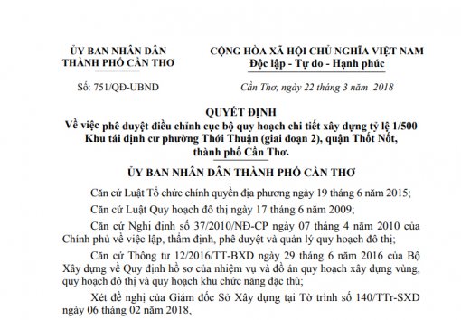 Phê duyệt điều chỉnh cục bộ quy hoạch chi tiết xây dựng tỷ lệ 1/500 Khu tái định cư phường Thới Thuận