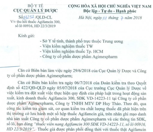 Đình chỉ lưu hành và thu hồi thuốc viên nang Agifamcin 300 giả