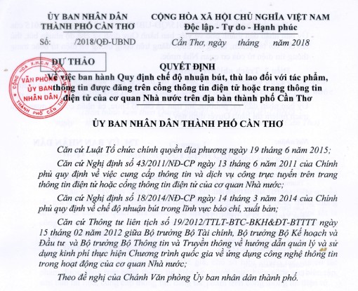 Thông Báo<br>Mời đóng góp ý kiến cho Dự thảo Quyết định về việc ban hành Quy định chế độ nhuận bút, thù lao tác phẩm